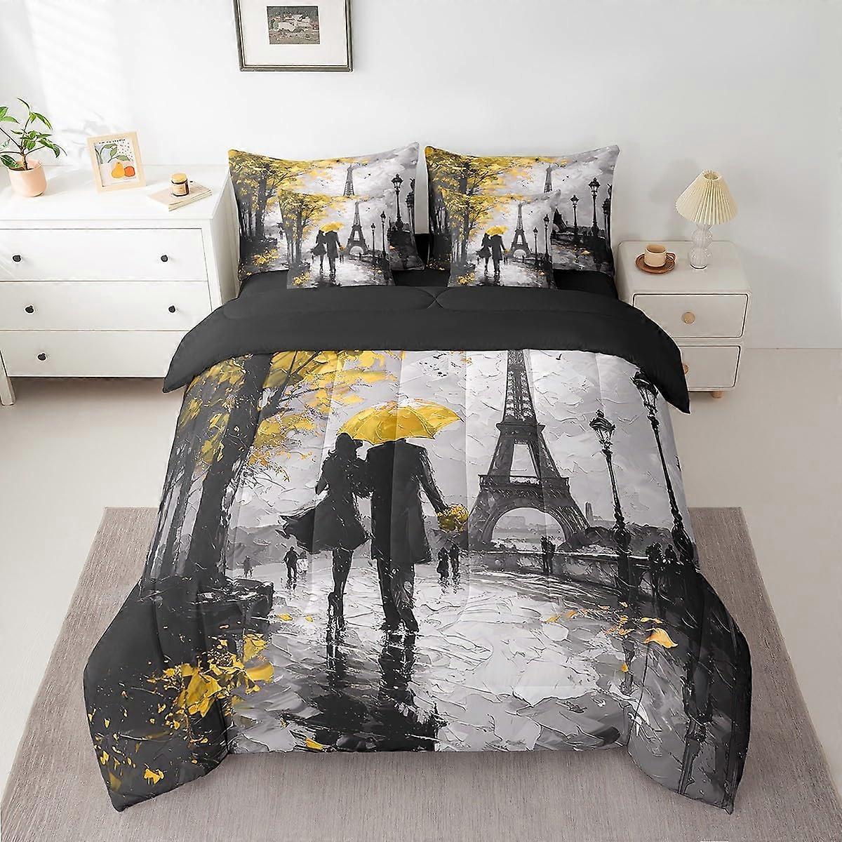 Queen Bedding Set 7Piece Paris Eiffel Tower Comforter with Sheets and Pillowcases Black Yellow