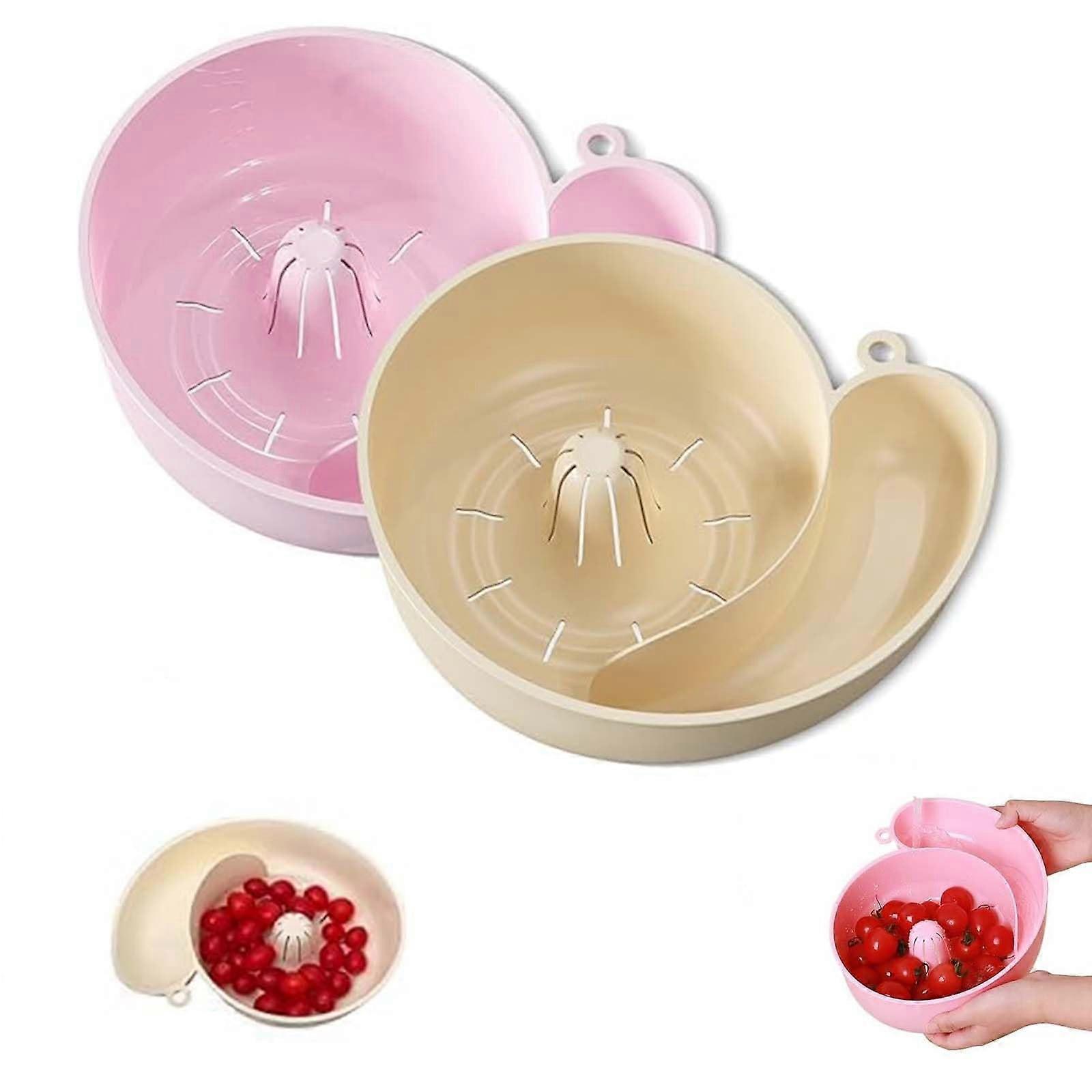 Vegetable and Fruit Spinner 2in1 Colander with Automatic Spin Rinse, Snail Shape, 2pcs Pink White