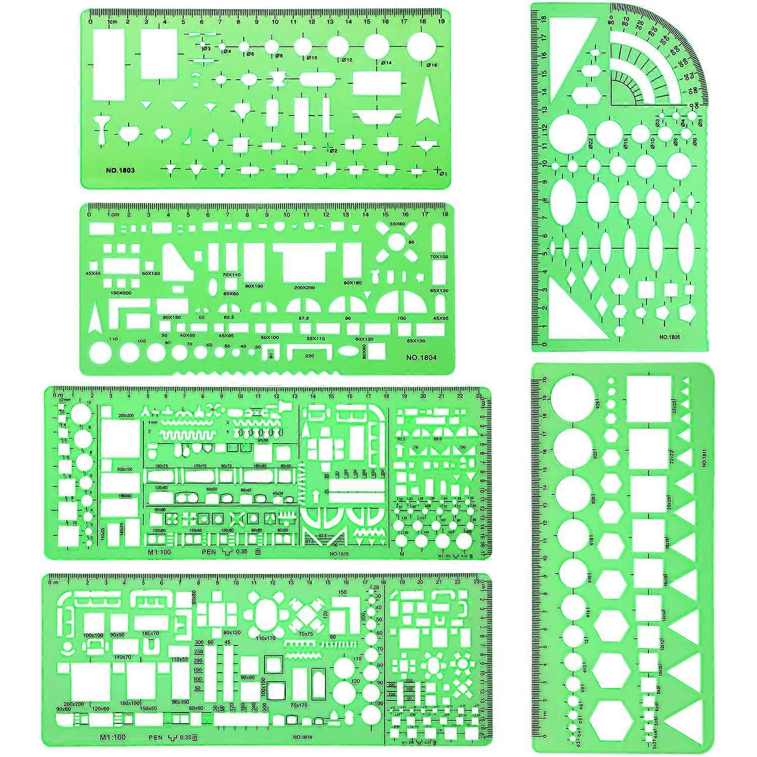 6pcs Geometric Drawing Templates Plastic Architectural Drafting Ruler Set Clear Green for Office School