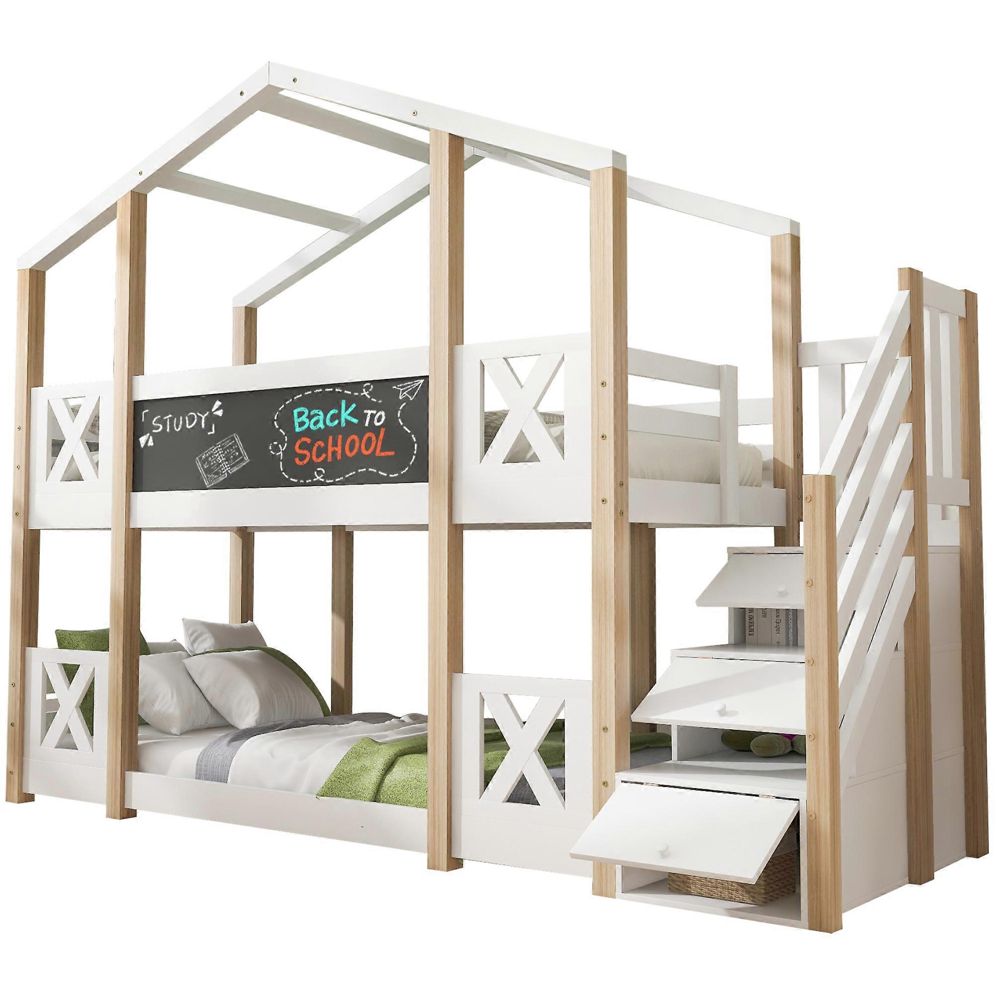 Treehouse Bunk Bed 90x200, Solid Pine With Storage Stairs Fall Protection, White