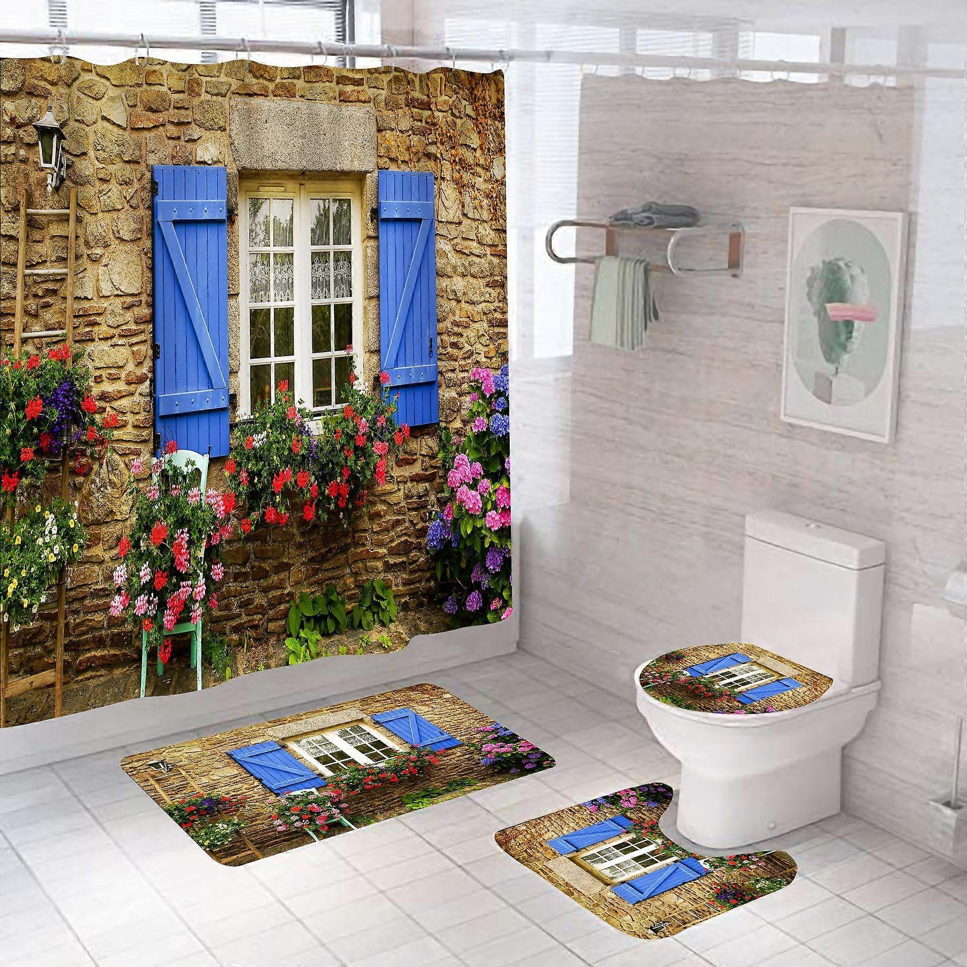 Rustic Window Floral Polyester Waterproof Shower Curtain Set