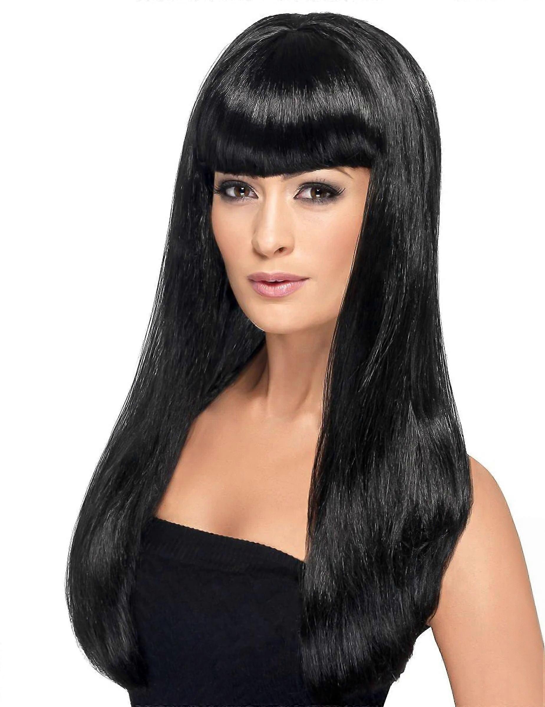 Long black wig with bangs for women
