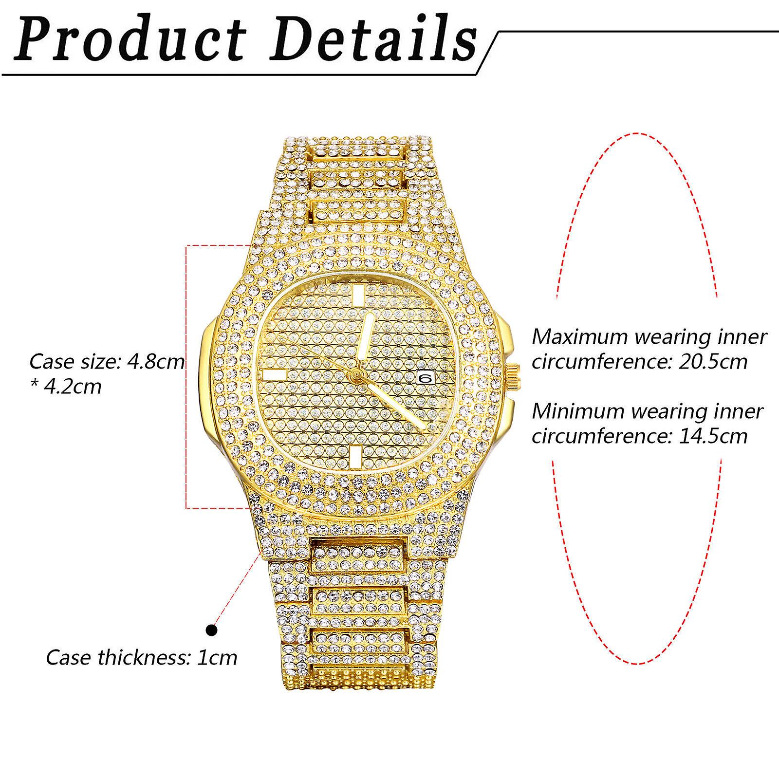 Miesten ylellinen jääkello Bling Full Rhinestone Date Luminous Quartz rannekello