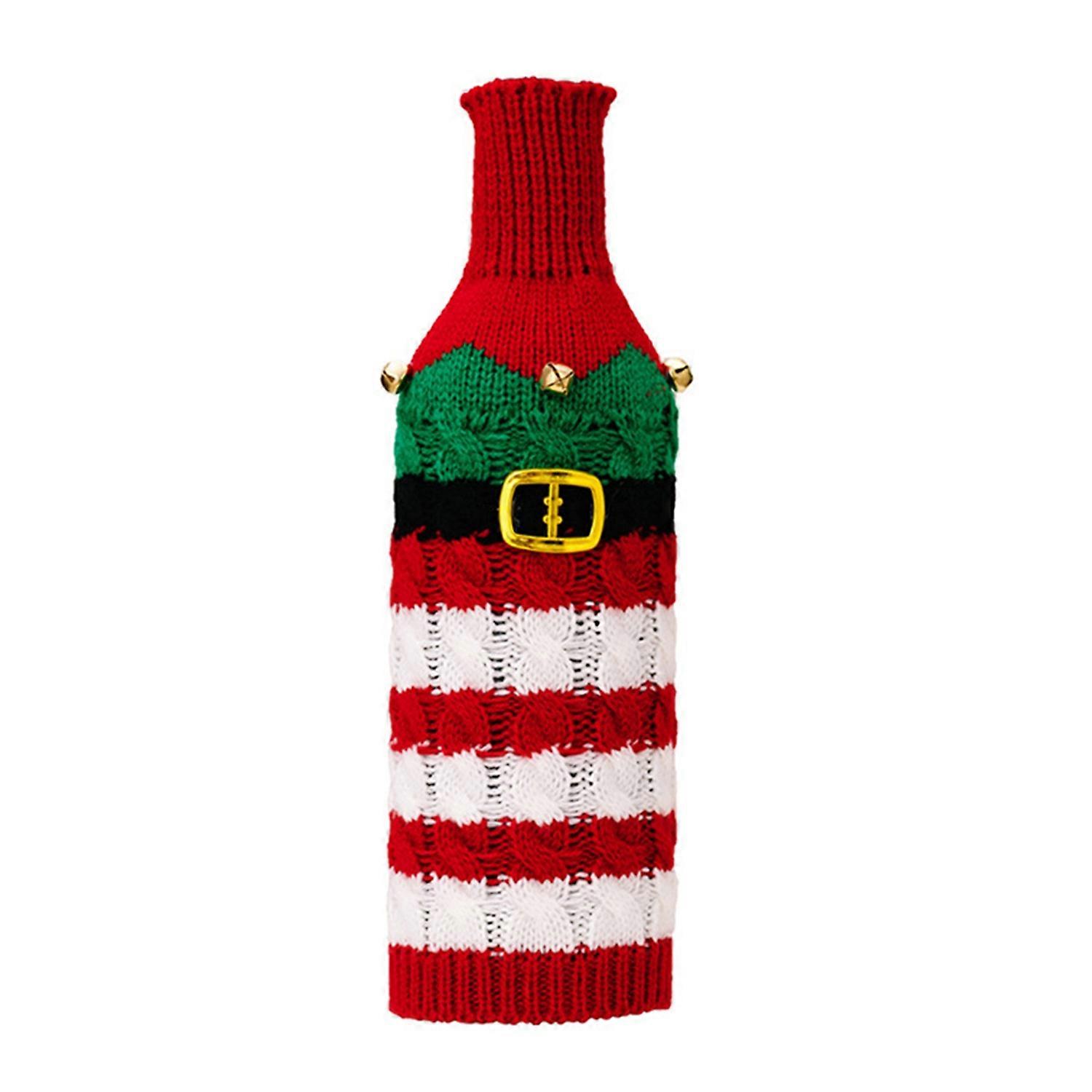 Christmas Wine Bottle Cover Knit Elastic Button Buckle Decor Striped Color Matching New Year Party