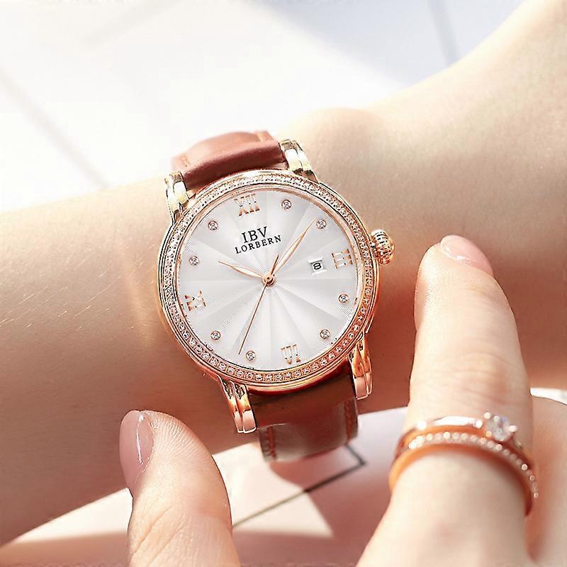 Three-needle mechanical female watch calendar elegant rose gold