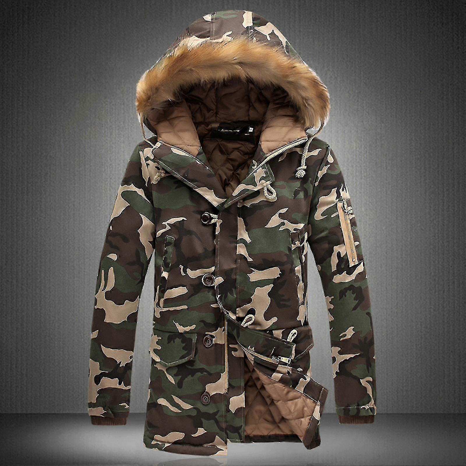 Hommes Mi-longueur Camouflage à capuche Fermeture éclair Boutons Col chaud Coton Veste Manteaux