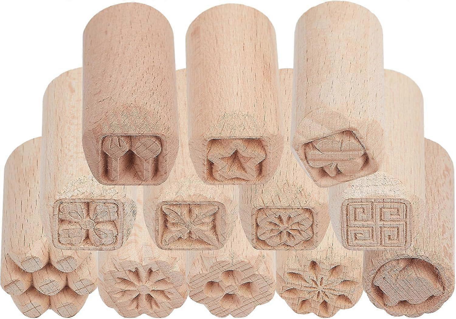 12pcs Floral Wooden Pottery Clay Stamp Set Column Wooden Stamps for Clay Hand Carved Stamps DIY Pottery Printing Blocks with Mixed Patterns