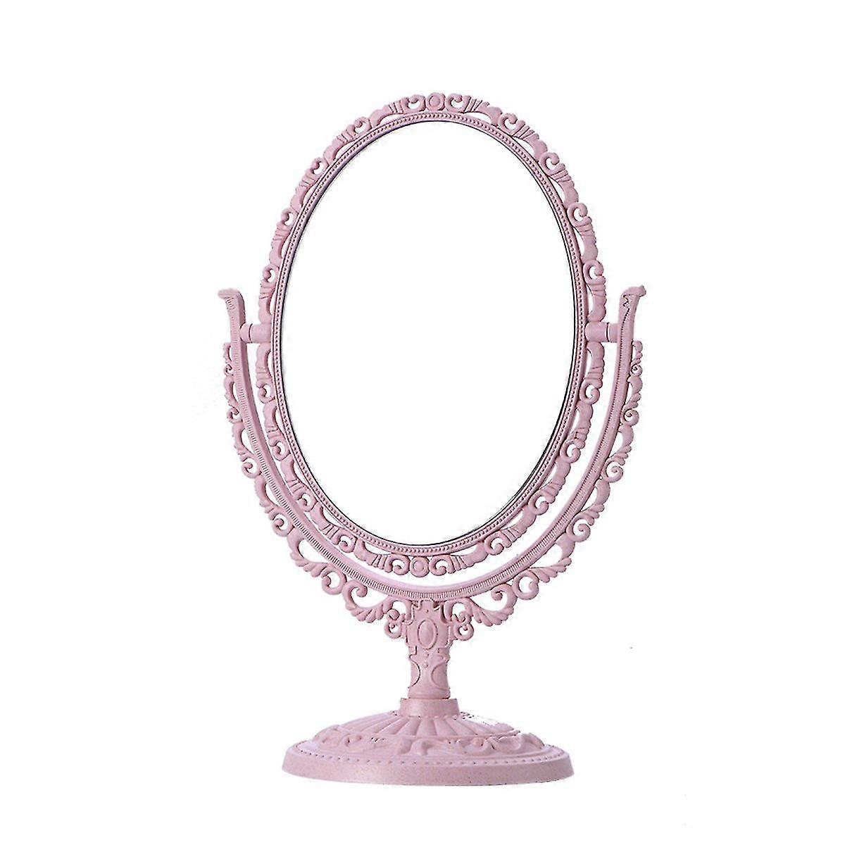 Oval Cosmetic Mirror Vintage Tabletop Vanity Magnification 360 Degree Rotation Double Sided Mirror (pink)