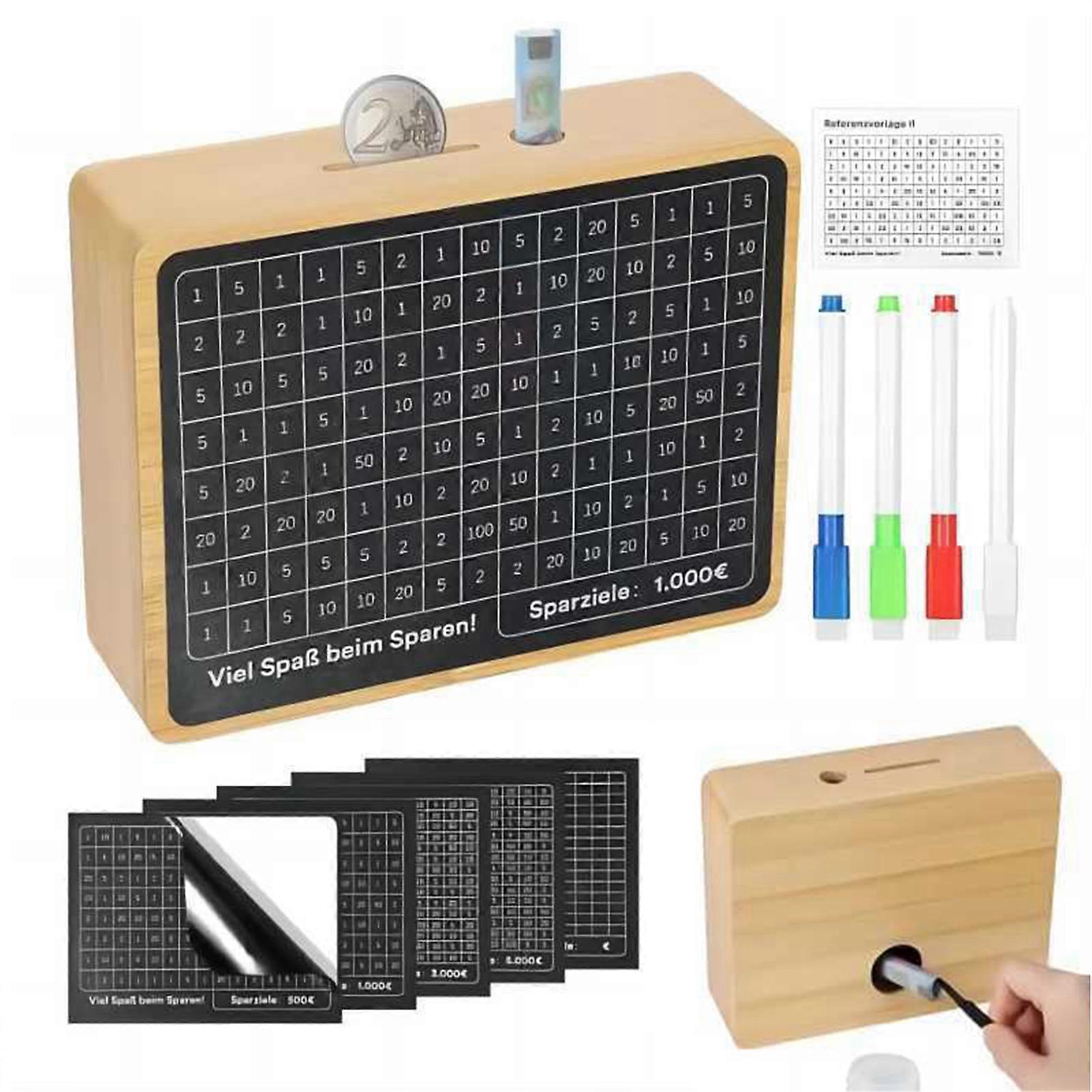 Wood Money Box with Target Number Sticker Marker Pen Large Capacity Piggy Bank Coin Cash Container Kids Adults Money Saving Challenge Case Jar