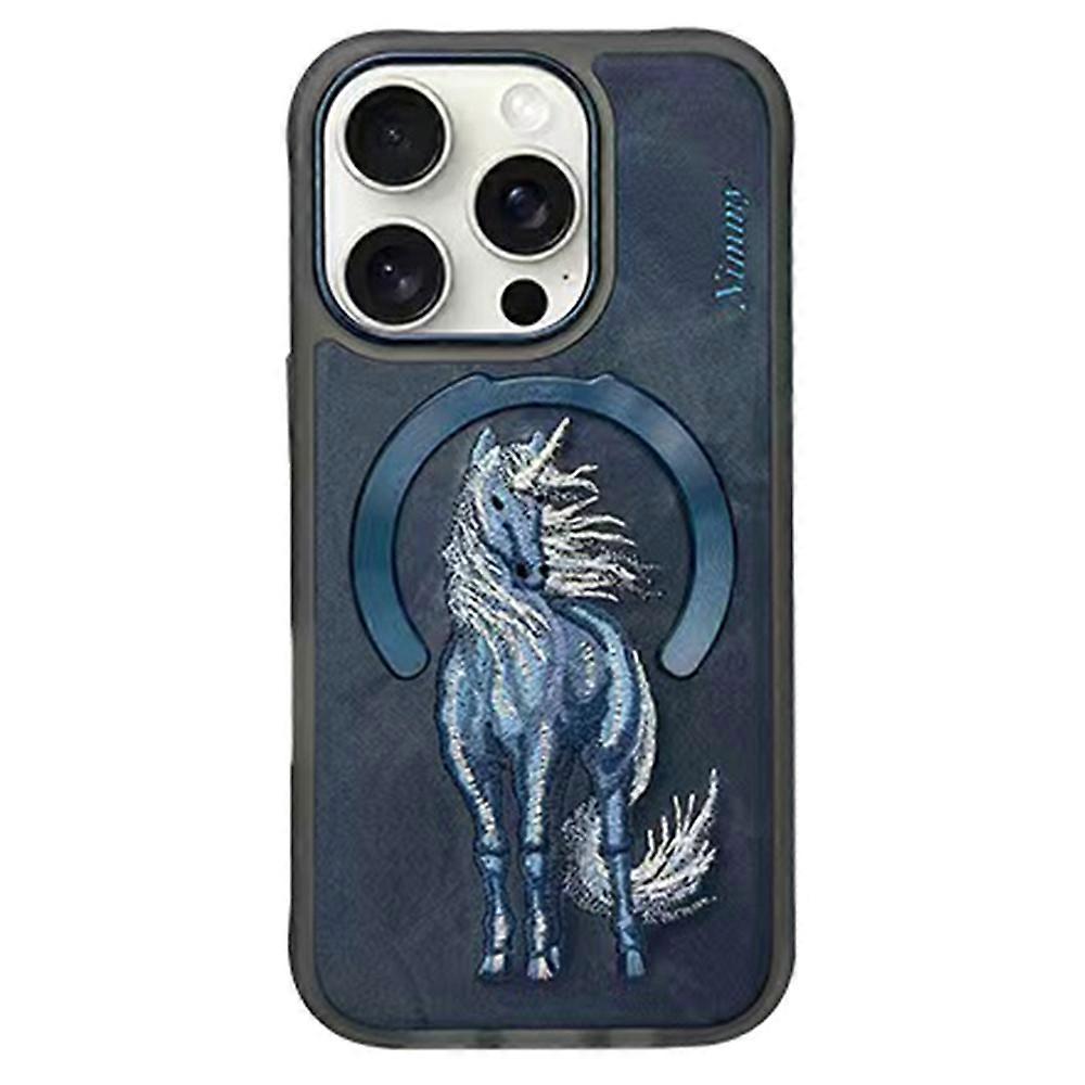NIMMY För iPhone 16 Pro Magnetiskt Fodral Broderi PU Läder Bakstycke - Häst