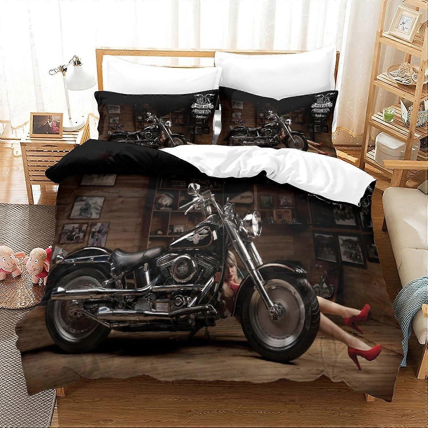 3D Digital Harley Davidson Print Three-Piece Bedding Microfibre Duvet Cover And Pillowcase Duvet Cover Bedding Set 3 Pcs Set (135*200 cm)