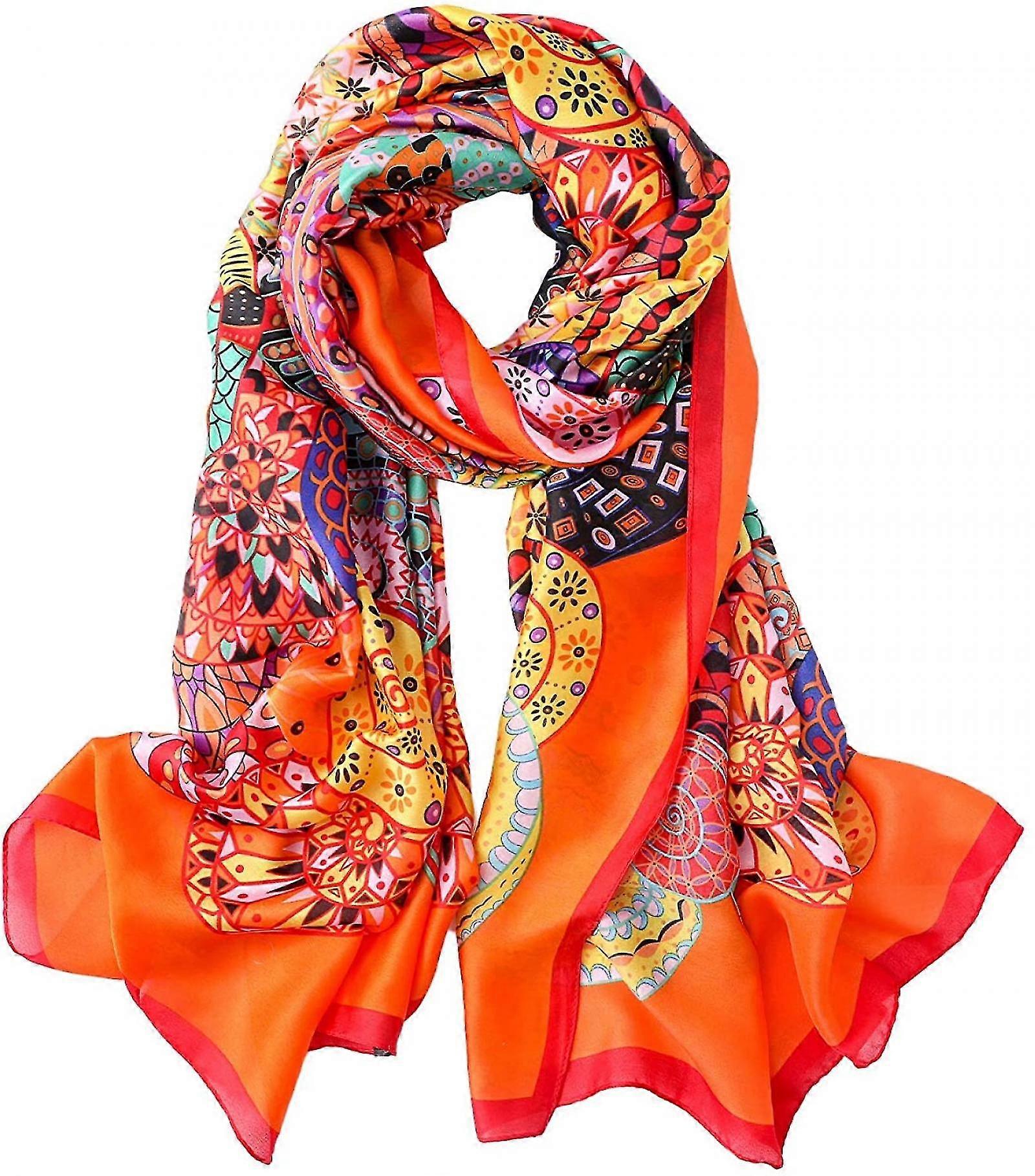 Sidenhalsduk för kvinnor Mode Halsdukar Solskyddssjalar Wraps 71 "x35", Orange Circle Flower B312