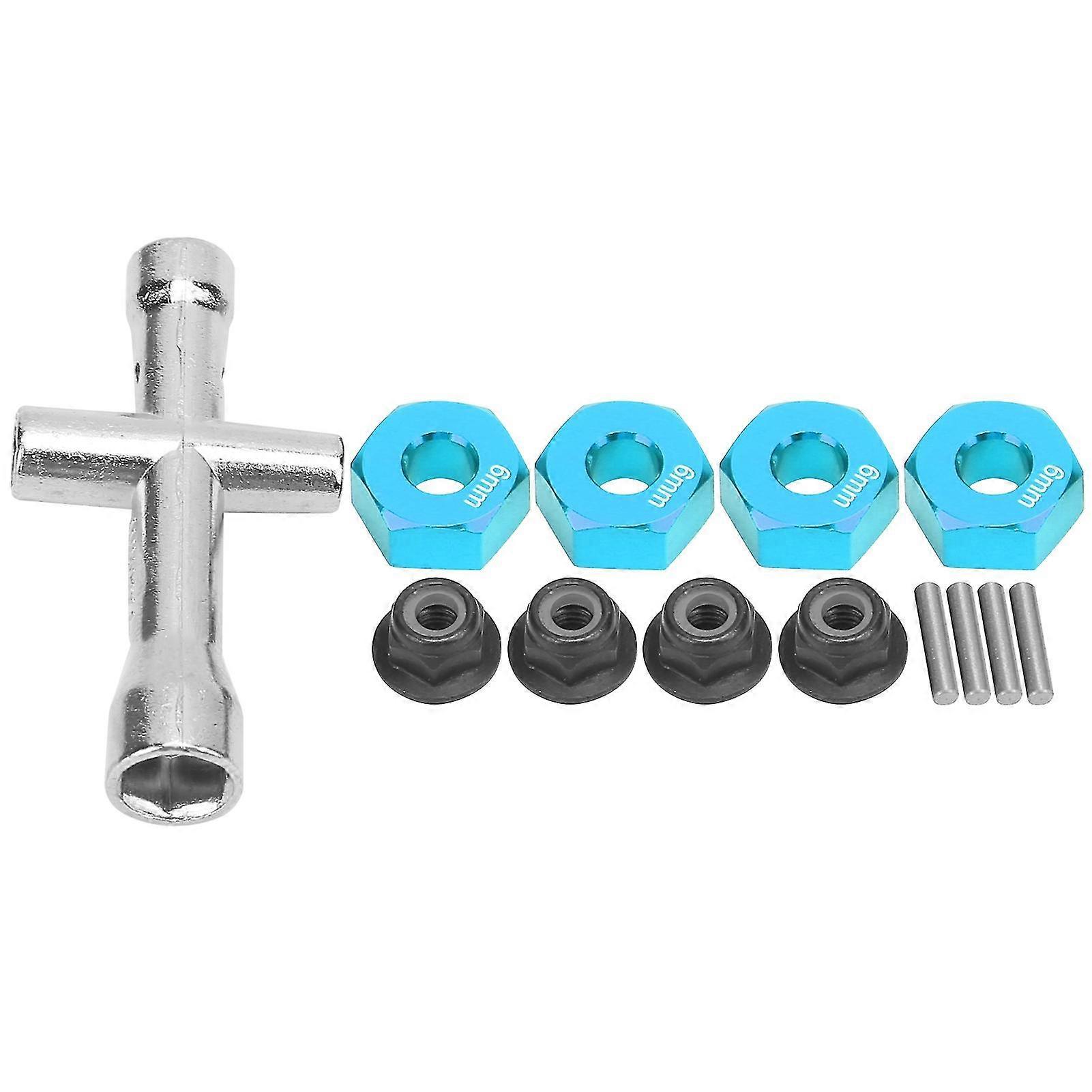 Blue 12mm Wheel Hex Hub Adapter Set compatible with 110 RC Car with 6mm Thick M4 Flange Lock Nuts and Cross Wrench