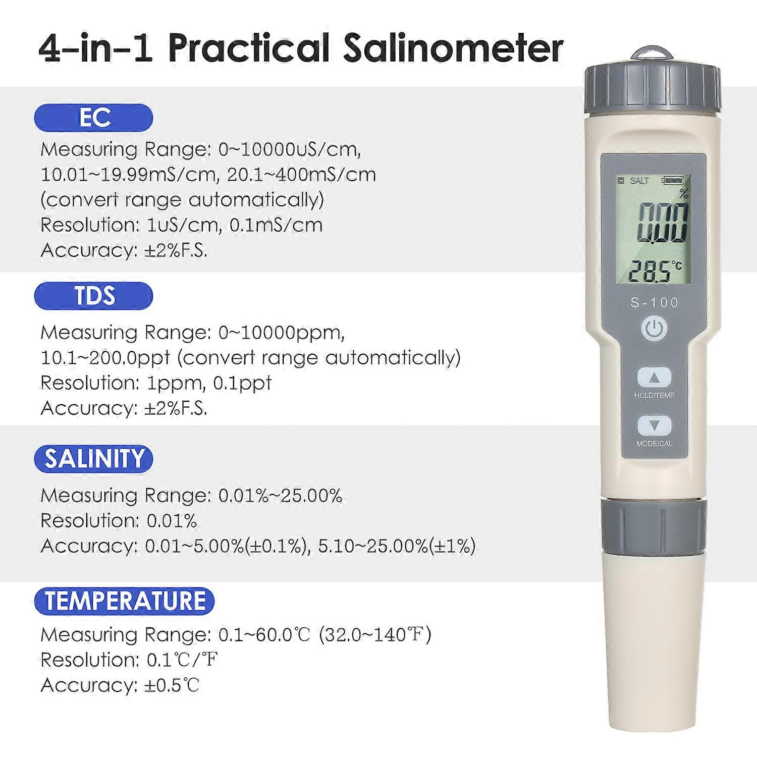 4-in-1 Pen Type Portable Water Quality Analysis Device Tester Salinity/EC/TDS/Temp. Meter with ATC Function Temperature Meter