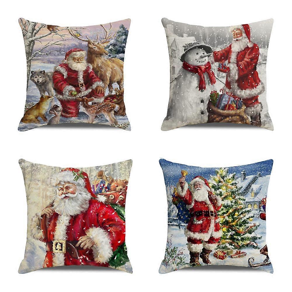 4pcs Christmas Pillow Case Cotton Linen Cushion Covers 45x45cm Santa Claus and Animals Cute Cartoon Pillow Decoration for L