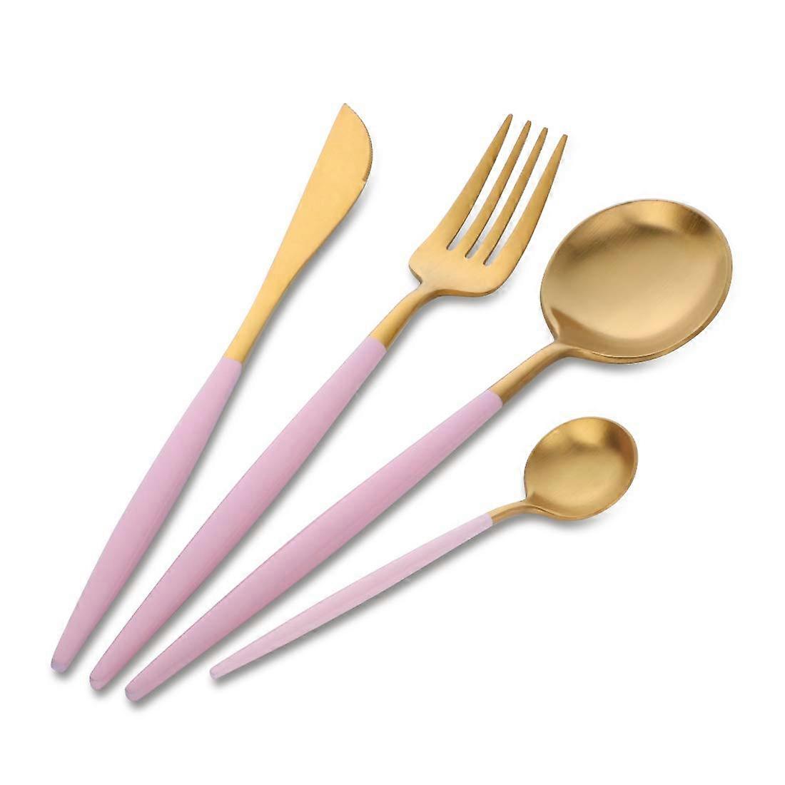 طقم أدوات مائدة ل 1 ، طقم أدوات مائدة ستانلس ستيل 304 18/10 لون ذهبي مع مقبض وردي جميل