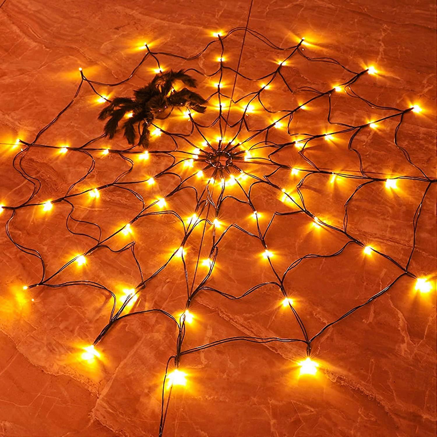 Halloween 80 LED Purple Spider Web Lights with Spider, 8 Modes Light up Cobweb Halloween for Indoor Ourdoor (Orange)