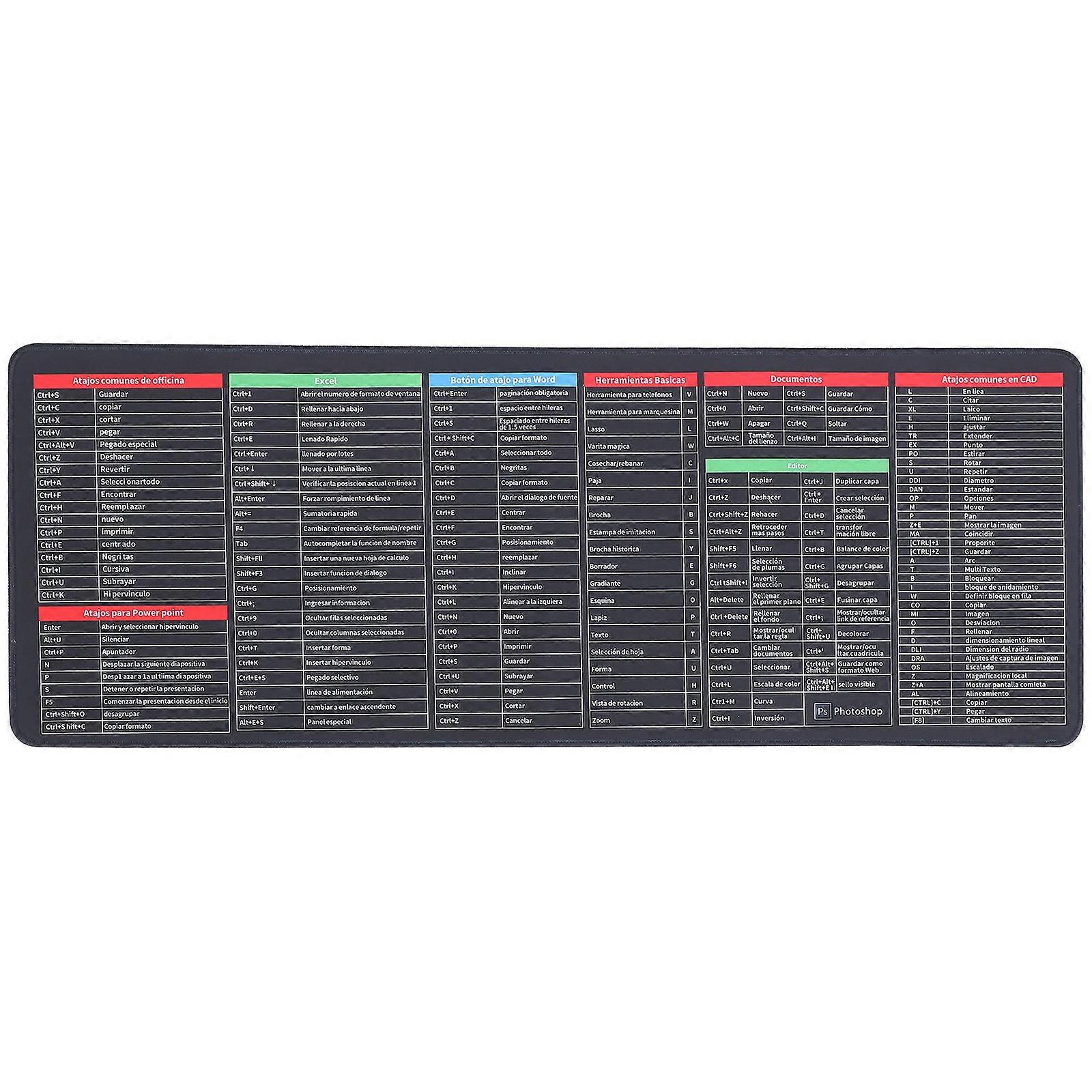 Keyboard Shortcut Mouse Pad 300X800X3mm Excel Cheat Sheet Desk Pad Desk Gaming Mat Multifunctional Computer Mouse Mat Spanish