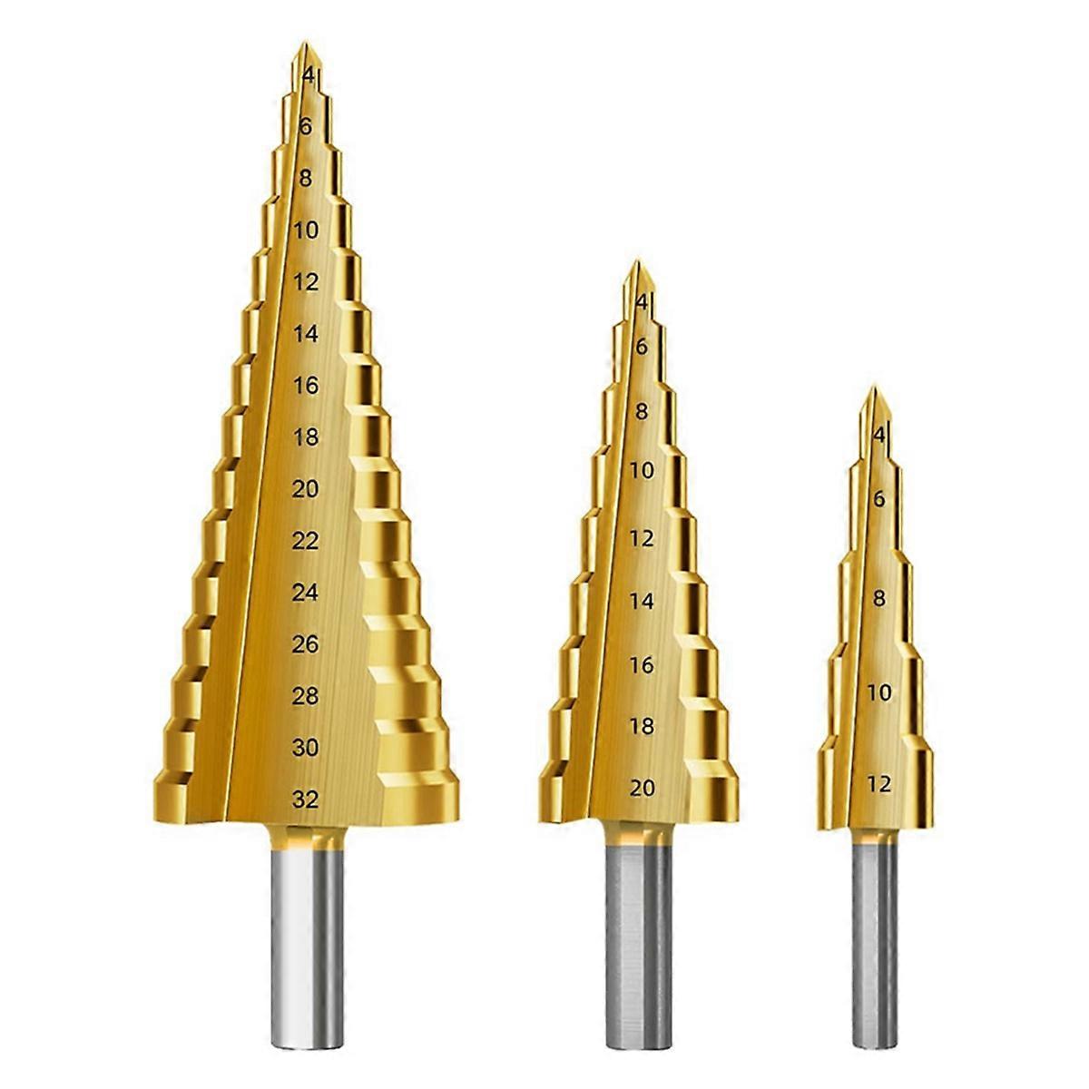 Step Drill Bit Set, 3Pcs Titanium Step Drill Bits, Metric 4mm to 32mm HSS6542 Drill Cone Bits for M