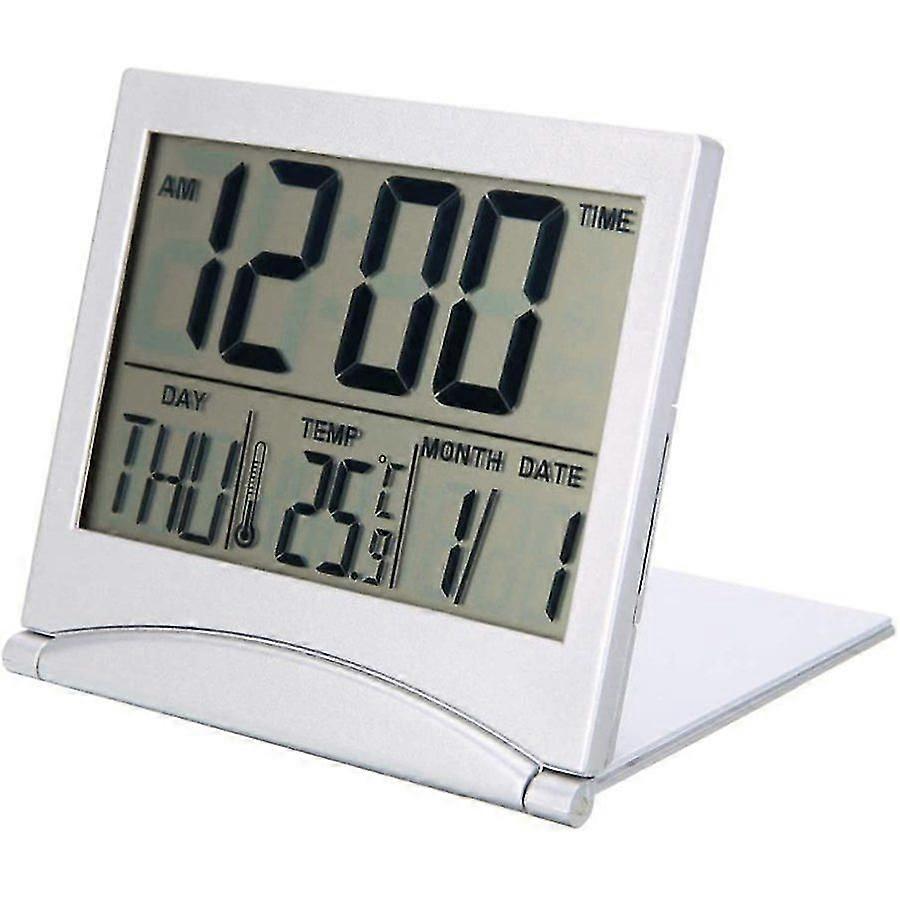 Folding Portable Desk Digital Lcd Display Thermometer Calendar Alarm Clock, Digital Alarm Clock Battery Operated Compatible With Travel With Date