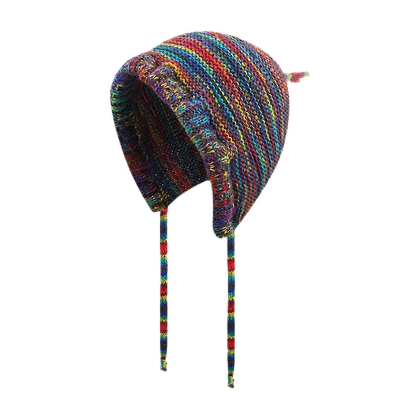 Rainbow Knitted Hat Knitted Drawstring Balaclava for Outdoor Backpacking