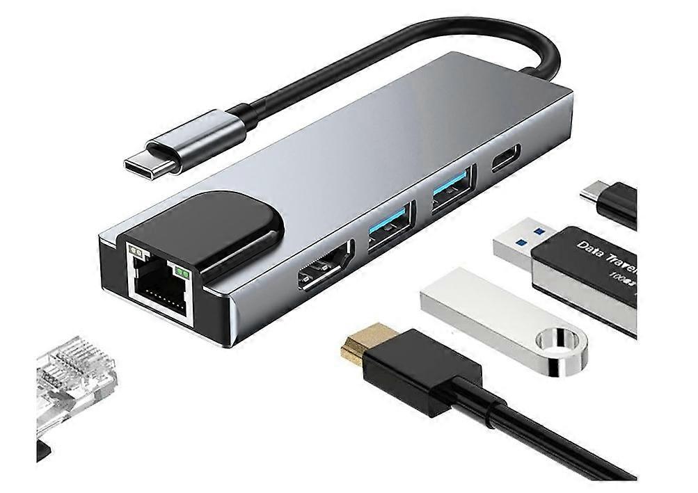 5 in 1 USB C Docking Station,Type C to HDMI Adapter,RJ45 Ethernet,4K HDMI100W PD,2 USB 3.0 (Gray)