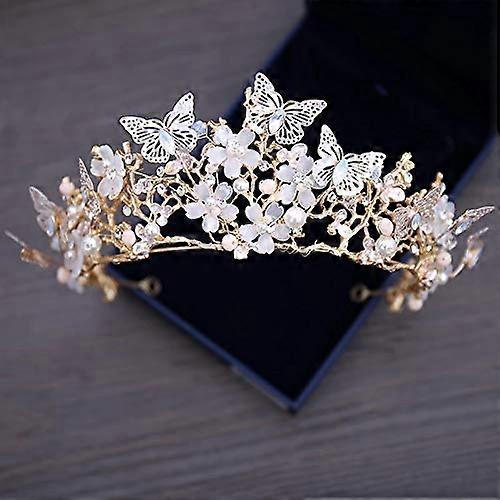 Luxury Crystal Bead Pearl Butterfly Wedding Jewelry Set with Crown, Flower Design, Artificial Diamond Necklace and Earrings
