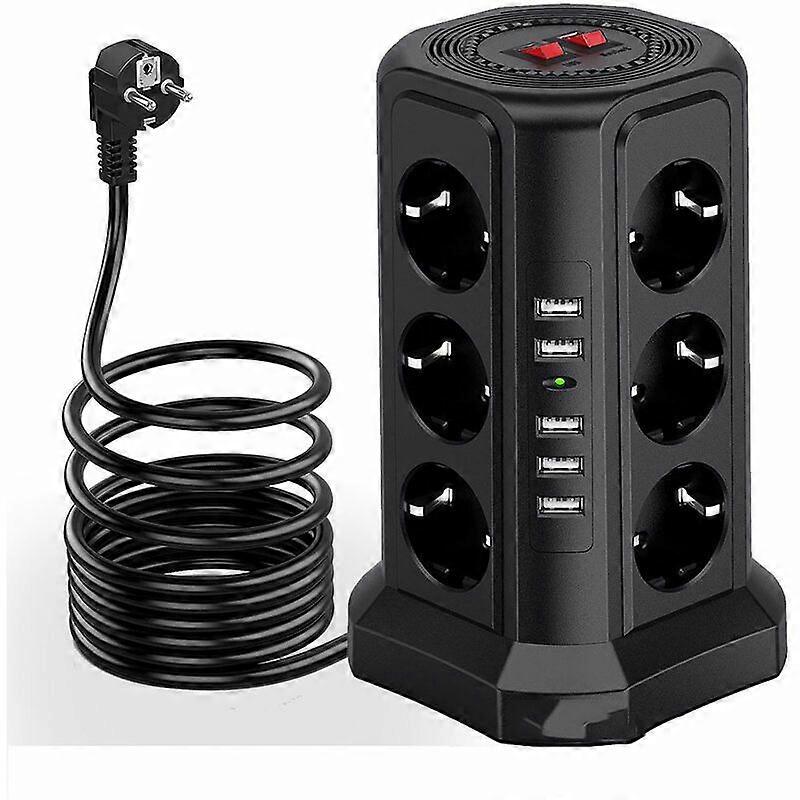 Surge and Surge Protector Power Strip Tower, Electric Power Strip with 5 USB Ports and 12 Sockets, Power Strip with and 3 Switches, Black