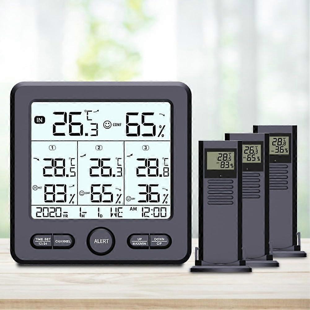 Digital Thermometer Hygrometer, Wireless Weather Station with LCD Display, 3 Indoor Outdoor Sensors, Indoor and Outdoor Thermometer, Black