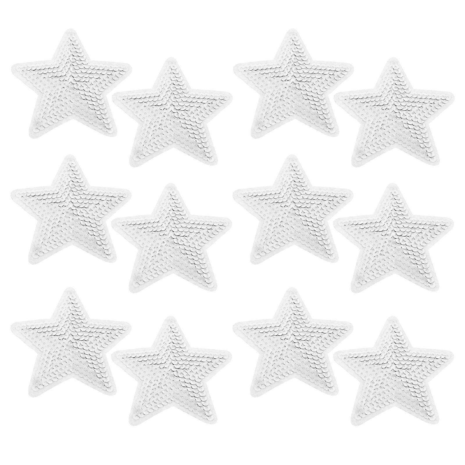 Star Embroidery Patches Embroidered Patch Women -Pointed Star Sequin Silver 12Pack