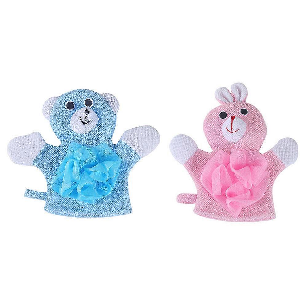 Cartoon Bath Scrubbers 2pcs Soft Exfoliating Foaming Towel Gentle Body Dirt Remover for Kids Rabbit Bear Design