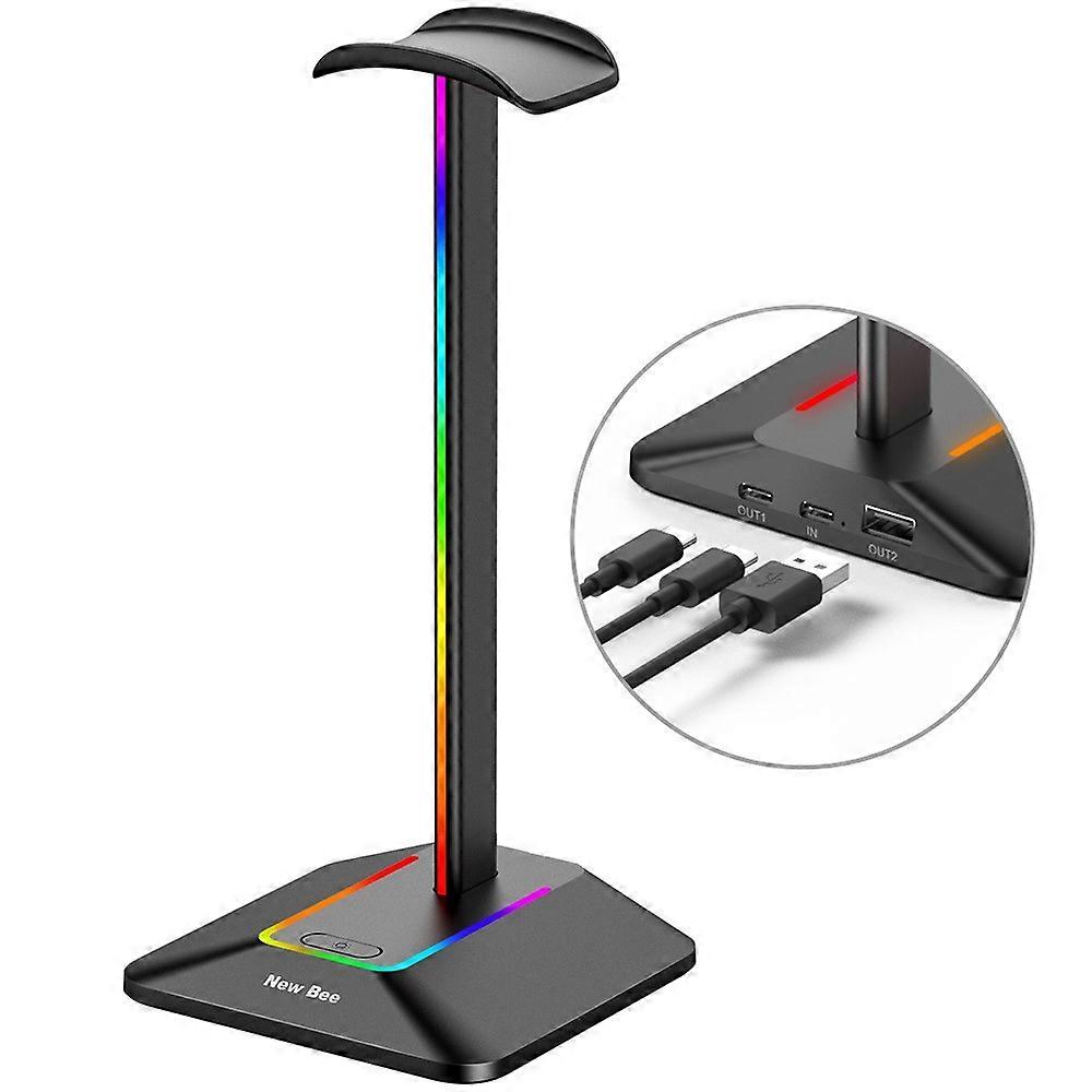NEW BEE Z8 RGB Light Headphone Stand with USB + Type-C Expansion Hub Gaming Headset Holder Display Rack