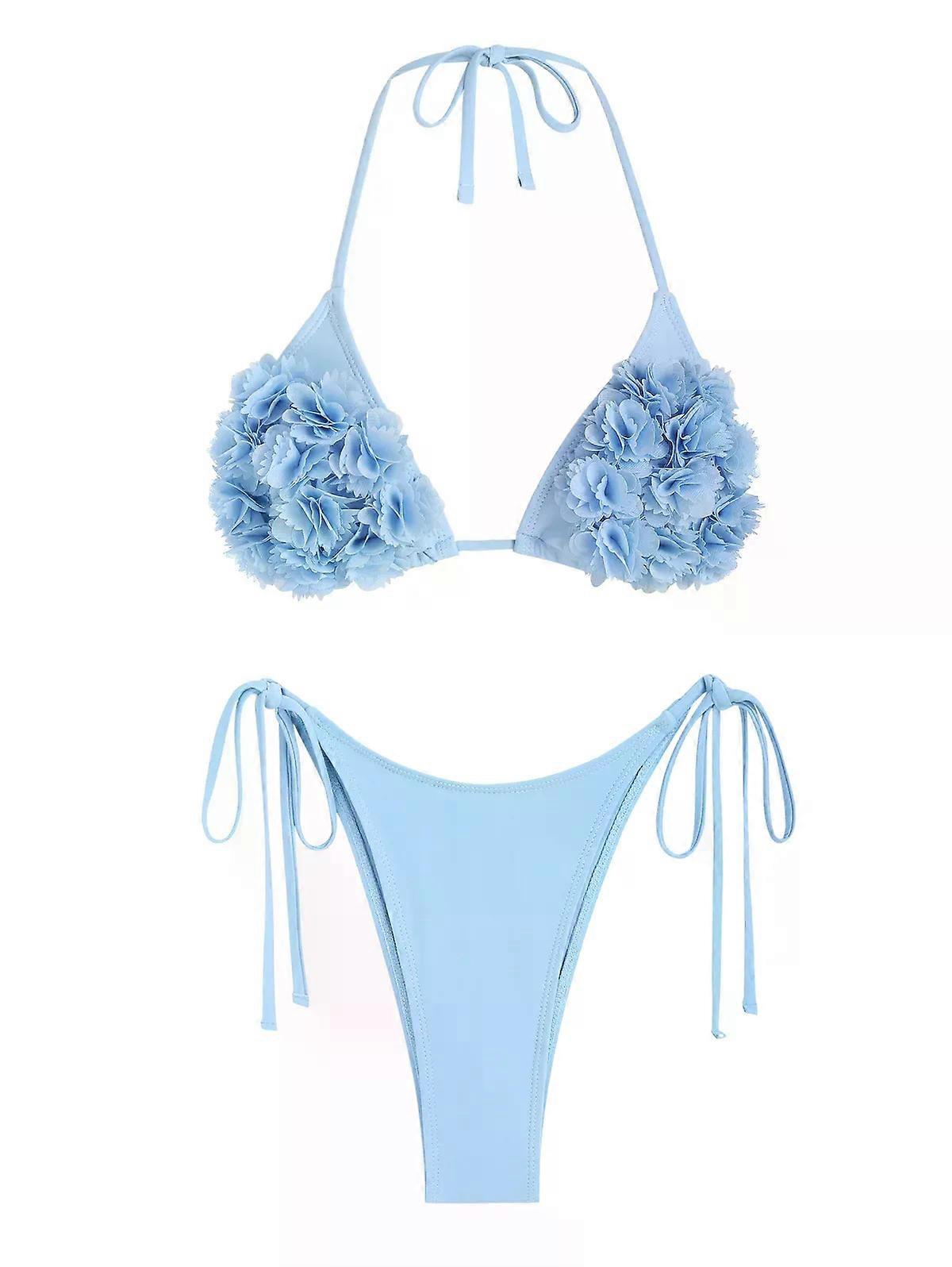ZAFUL Women's Sexy Rosette 3D Floral Halter Triangle Tie Side String Bikini Set Two Piece Swimwea