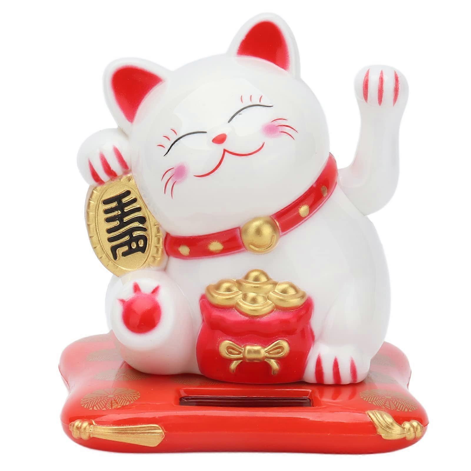 Netter Solar Cat Figurine with Waving Arm for Home Office Decoration in White Color