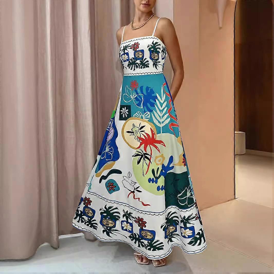 Women's Summer Geometric Graffiti Print A-Line Halter Long Dresses