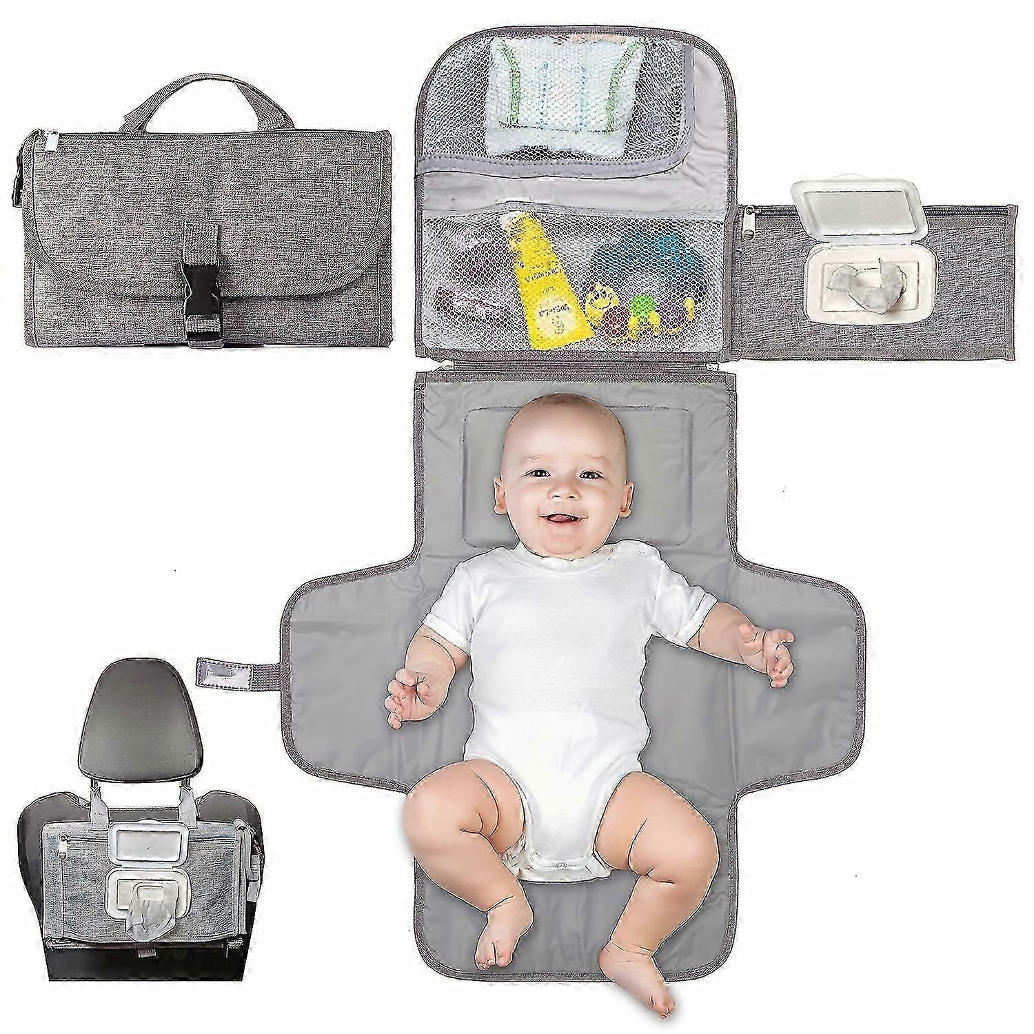 Portable Diaper Changing Pad, Portable Changing pad for Newborn Girl & Boy - Baby Changing Pad with Smart Wipes Pocket,grey