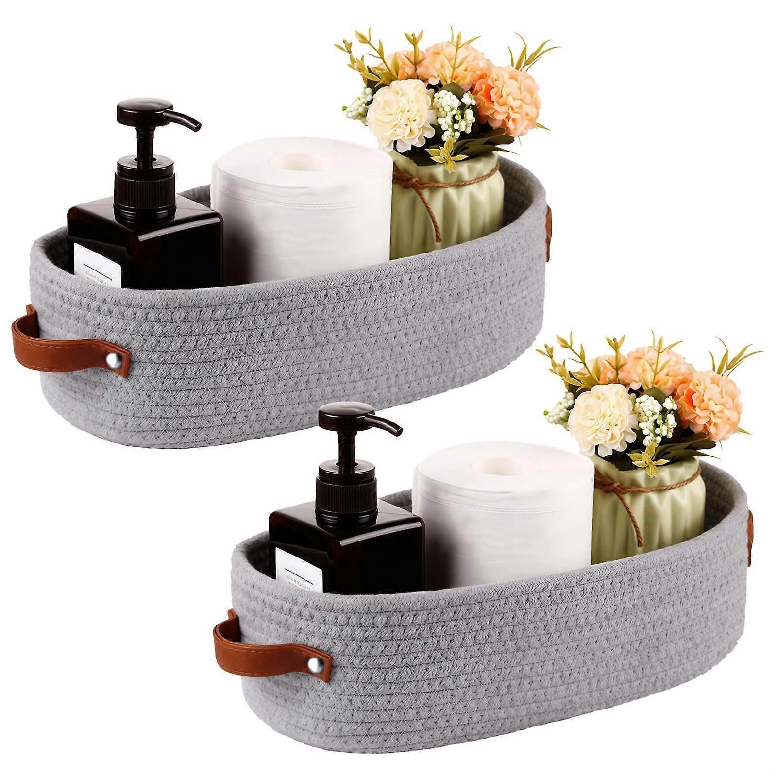 Oval Cotton Rope Baskets Set of 2 with Leather Handles for Nursery and Bathroom Organization, 15x10 Inches