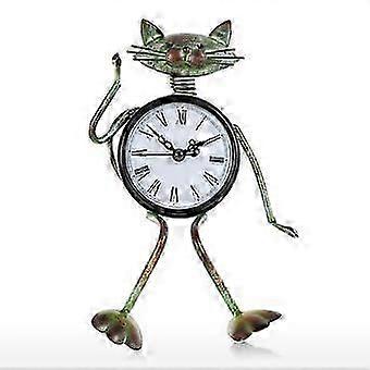 Cat Clock Handmade Clock Vintage Metal Iron Cat Figurine Mute Table Clock Practical Clock One AA Bat