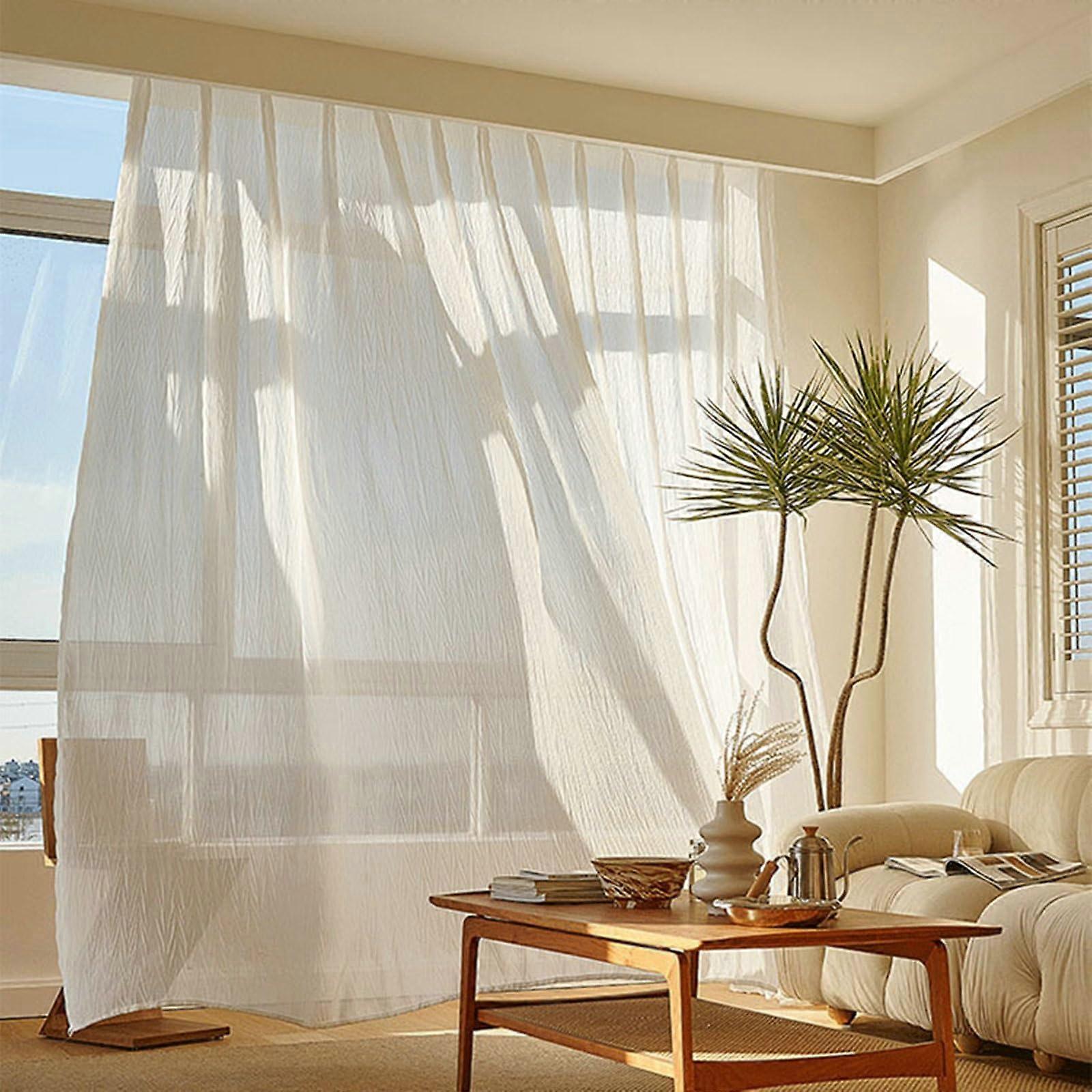 White Tulle Curtains with Eyelets Crumpled Texture Voile Polyester, 132 x 214 cm, 2 Panels