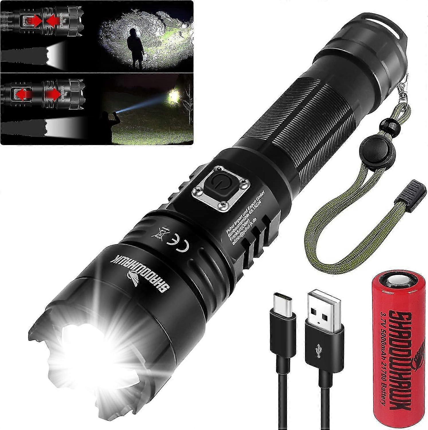 Ultra Powerful Led Torch, 10000 Lumens Rechargeable Flashlight, Xhp70.2 Tactical Light, Ip67 Waterproof, 5 Modes Usb Torch, For Camping Hiking Emergen