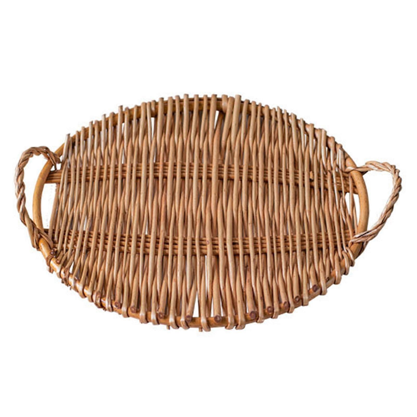 Woven Rattan Decorative Tray Handheld Woven Fruit Snack Bread Tray with Handle for Serving
