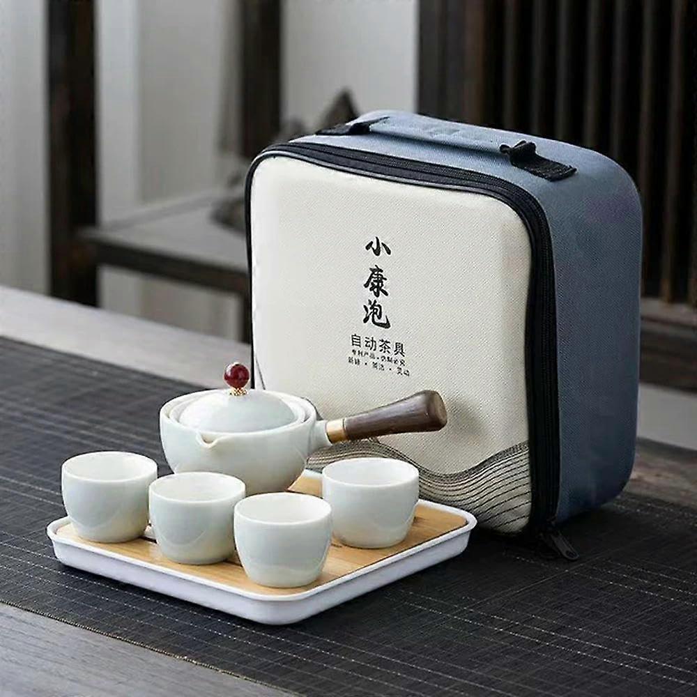 Gongfu Tea Set with 360° Rotating Ceramic Teapot, Portable Travel Infuser, Porcelain Cups
