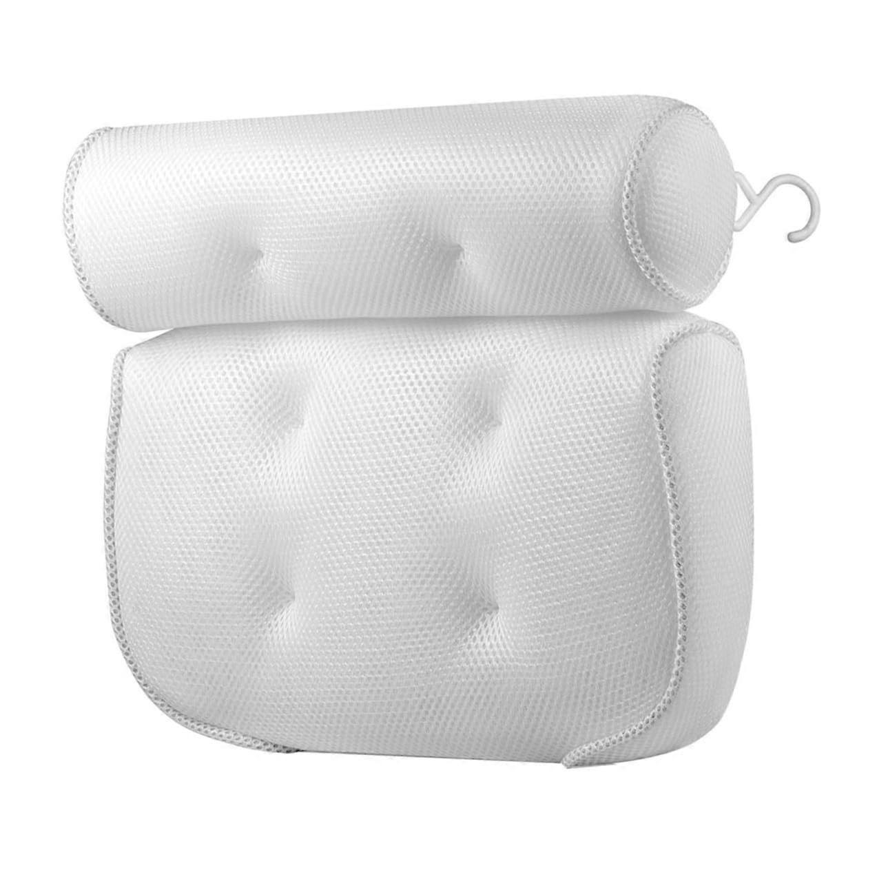 Bathtub Pillow with Ergonomic Suction Cup and Breathable Mesh for Head Neck Shoulder Support in White