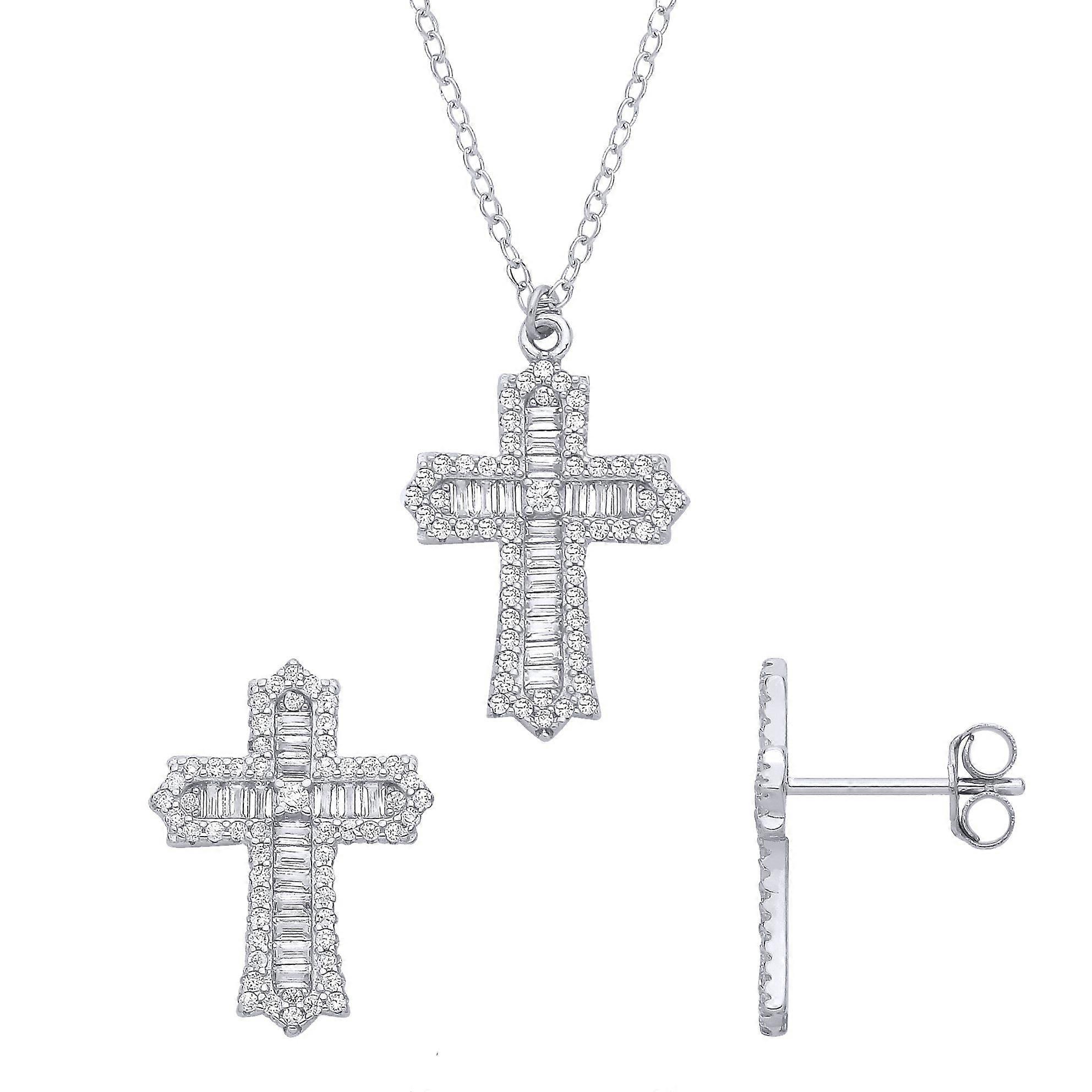 Jewelco London Sterling Silver CZ Baguette & Round Cross Earring & Pendant Set