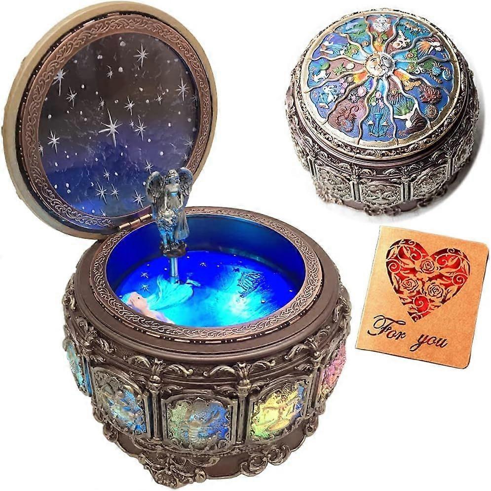 Vintage Music Box with Constellations Rotating Goddess LED Lights Twinkling Resin Carved Mechanism
