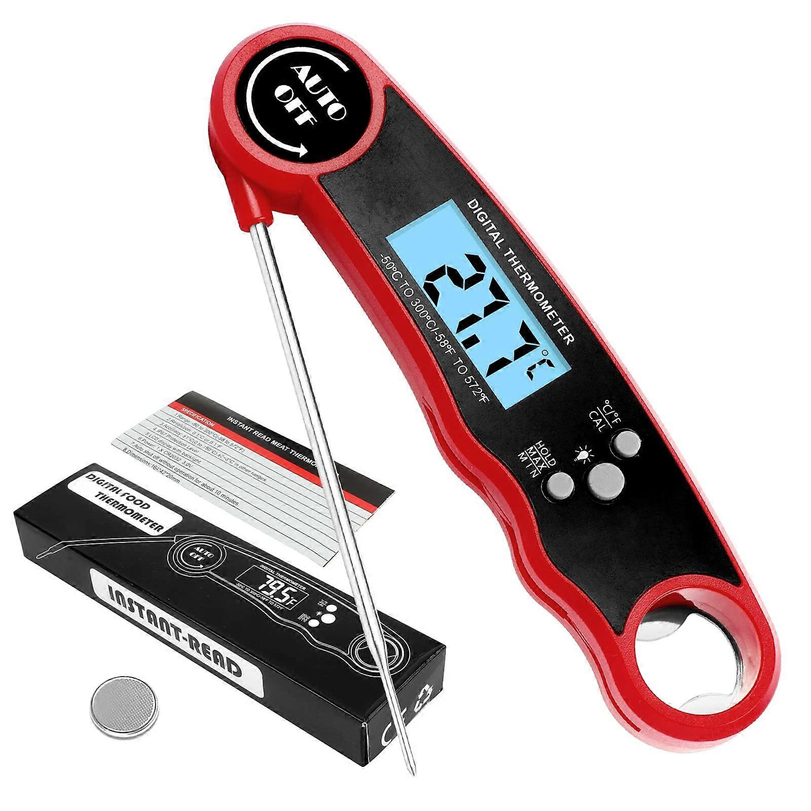 Waterproof Instant Read Digital Meat Thermometer with Foldable Probe and Backlight LCD for BBQ Cooking (Red)
