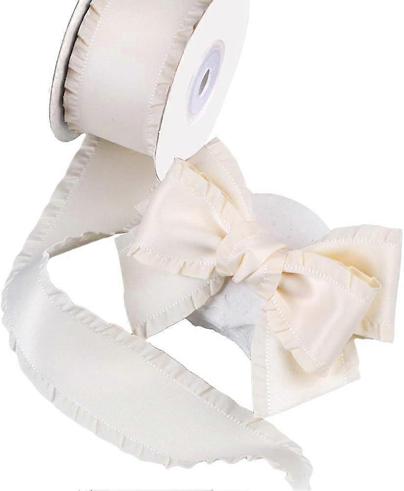 20 Yards White Ruffle Gathered Edge Ribbon Cream Ruffled Soild Fabric Trim Polyester Double Sided Pleated Ribbons Bulk with Spool for Sewing Bouquet G