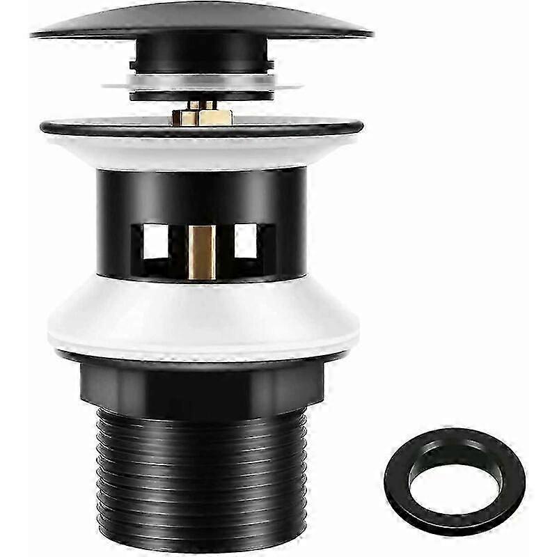 Lavatory Waste with Overflow Matte Black, Universal G1 1/4" Brass Pop-up Valve Pop-up Valve for Wash Basin, Click-clack, Tool-Free Installation (No wa