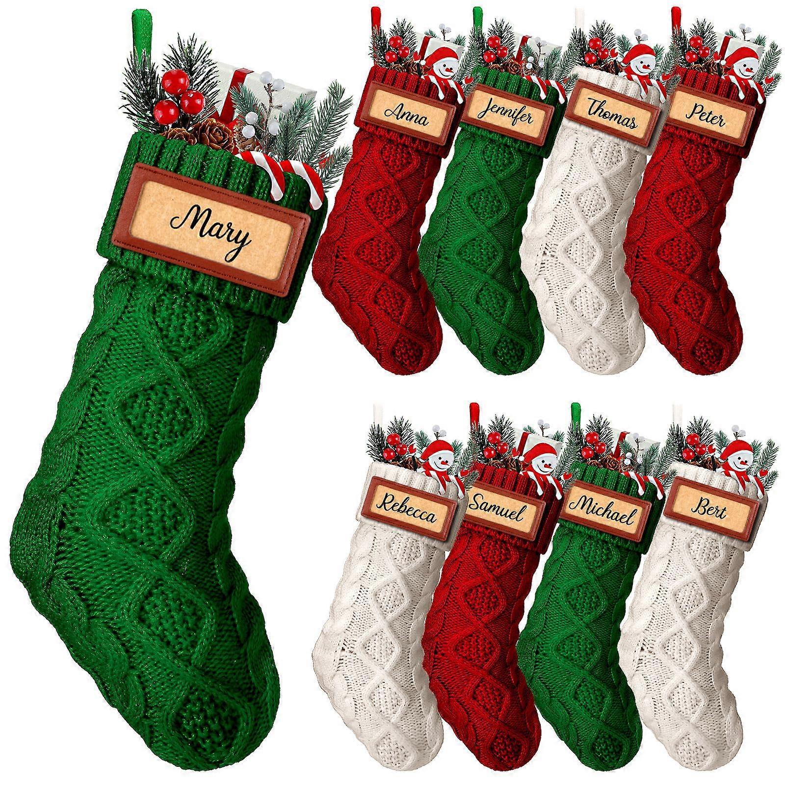 Set of 9  Knitted Christmas Stockings with Leather Name Patch, 14 Inch Large Capacity