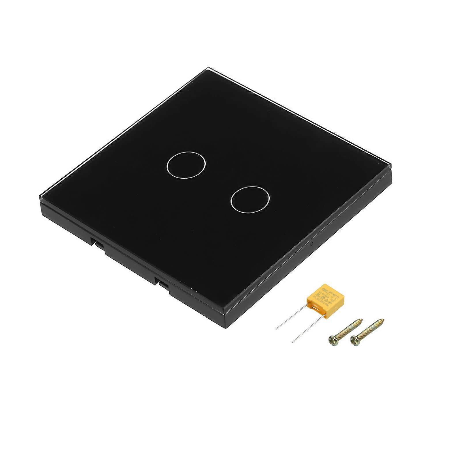 Touch Light Switch 2 Gang Black No Neutral Wire 86mm Tempered Glass Panel LED Compatible